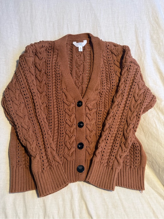 Time and Tru Sweaters - Chunky Cable-Knit Button Cardigan - Terracotta Brown